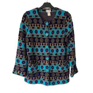 Rodier Made in France Turquoise Blue Geometric Patterned Cardigan Sweater Medium